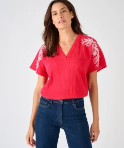 Blouse brodée en double gaze effet crêpé